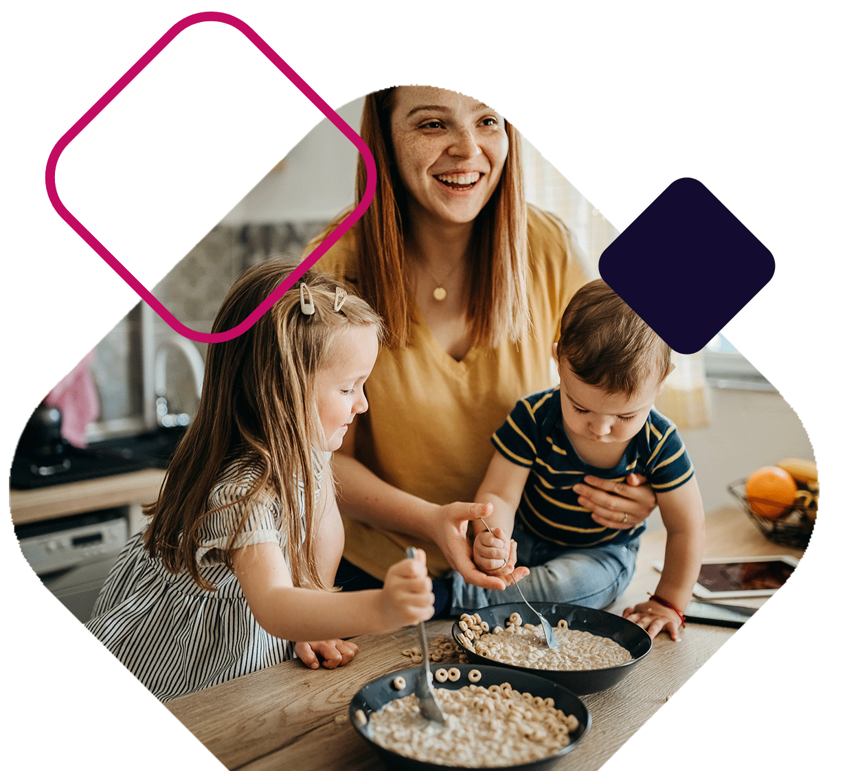 Mom With Two Kids Eating Cereal