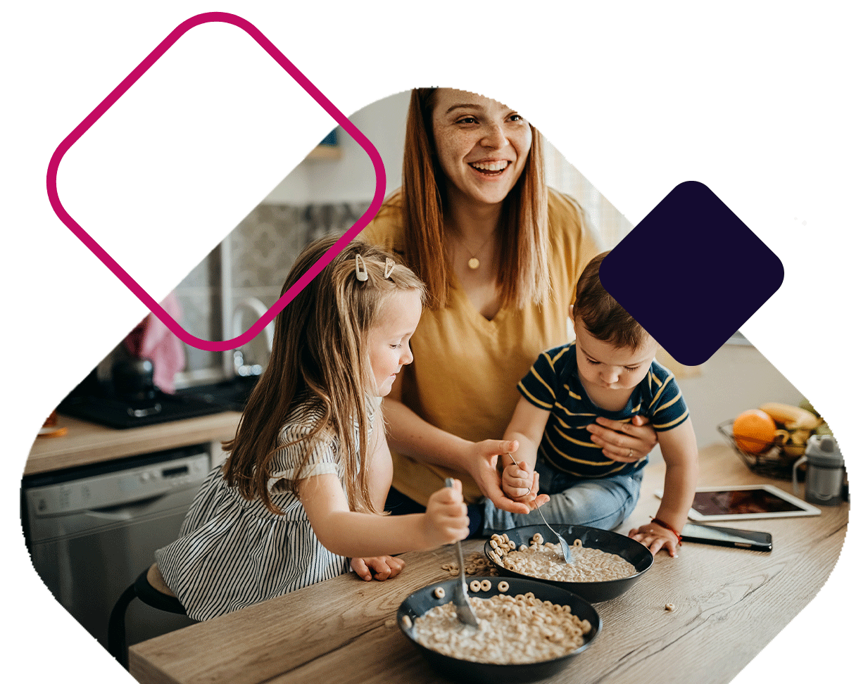 Mom With Two Kids Eating Cereal