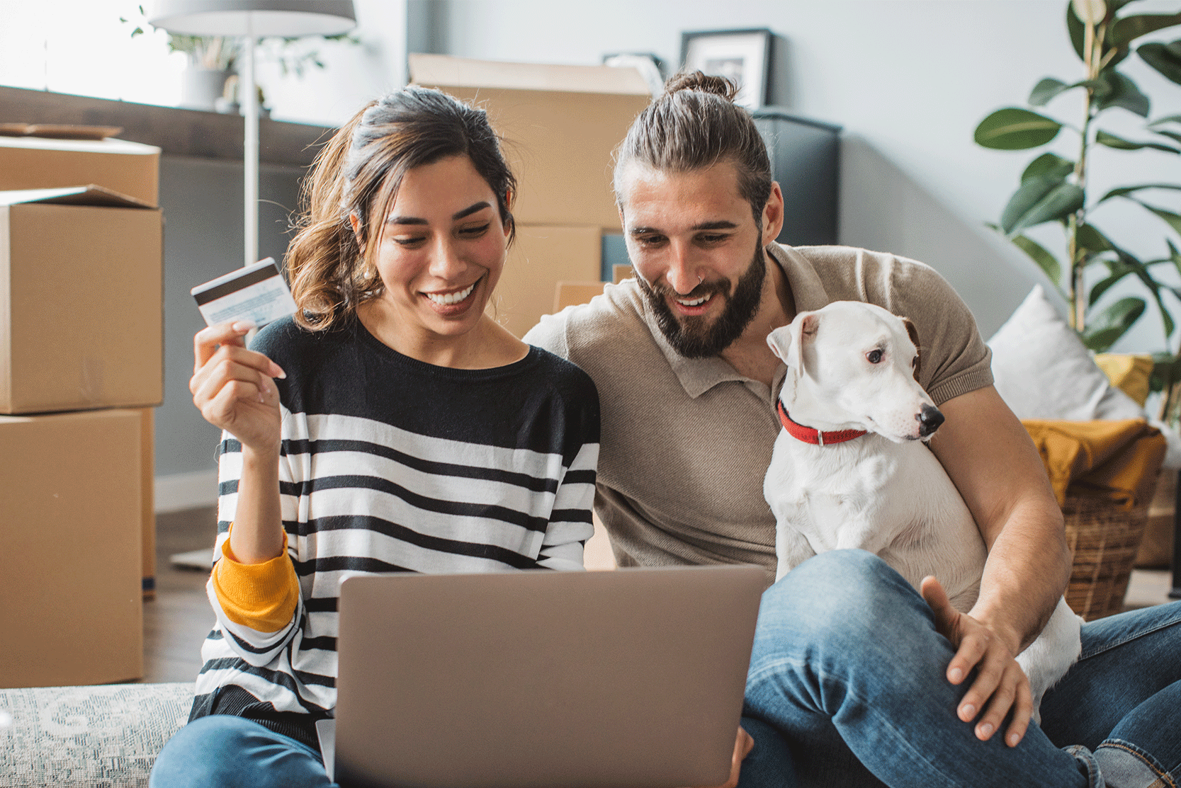 Couple With Their Dog Online Shopping