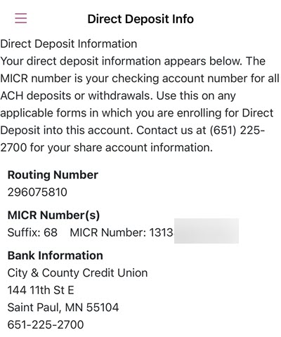 Direct Deposit Info App