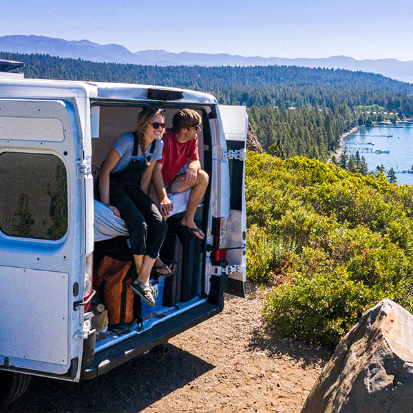 Young couple in their camper van