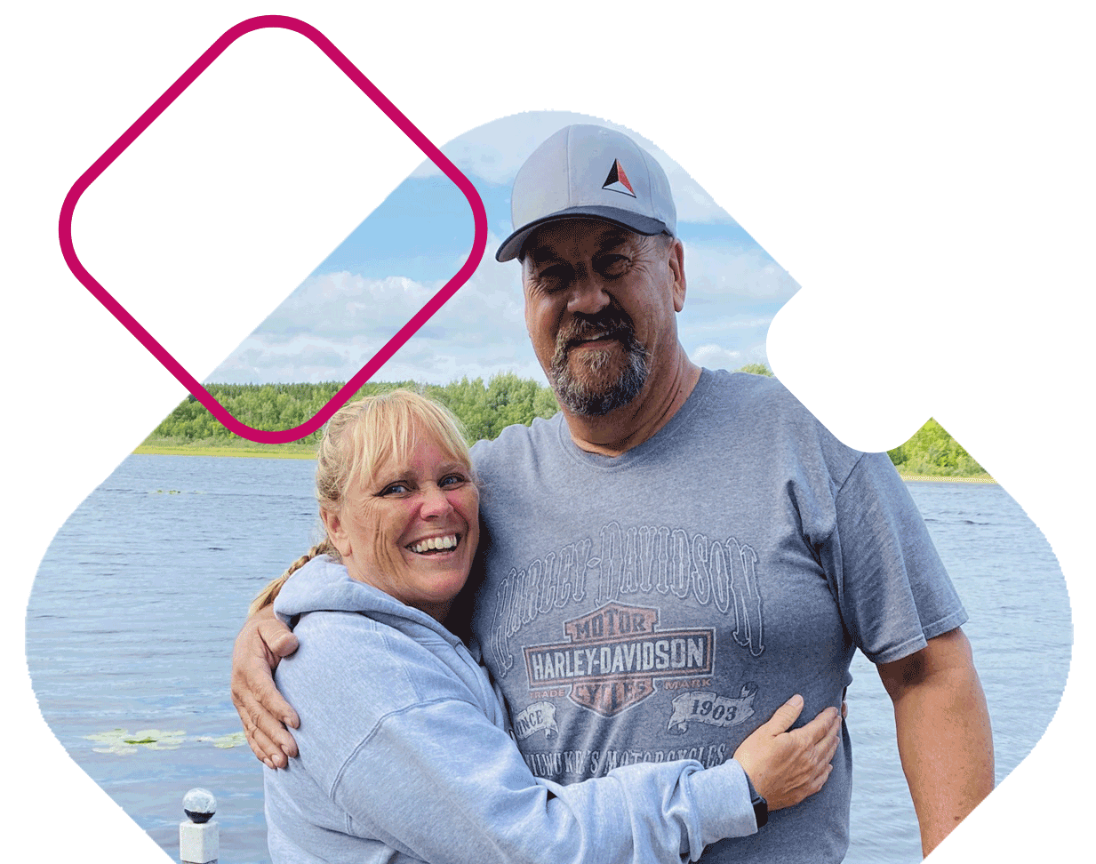 SmilingCoupleStandingOnLakeDock